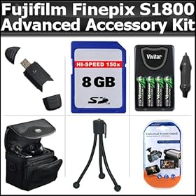 Advanced Accessory Kit For Fujifilm FinePix S1800 12.2 MP Digital Camera Includes 8GB High Speed SD Memory card + USB 2.0 High Speed Card Reader + 4AA High Capacity Rechargeable NIMH Batteries And AC/DC Rapid Charger + Deluxe Carrying Case + LCD Screen