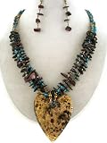 Fashion Jewelry ~ 3 Layered Chipped Beads Brown Mix Antique Gold Look Heart Murano Glass Pendant Necklace and Earrings Set (Style#:AACDS2730 BrnMixAnt Gld)