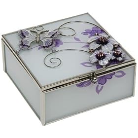 Lavender Butterfly & Floral Design Enamelled & Jewelled Square Trinket Box