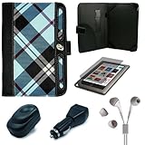Blue Plaid Executive Melrose Leather Protective Case Cover for Barnes and Noble Nook Color Wireless Reading Device Wi-Fi 7 inch LCD Display Screen + Clear Screen Protector for Barnes and Noble Nook Color + USB Travel Wall Charger + USB Car Charger + White Hifi Noise Reducing Headphones / Earbuds