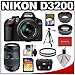 Nikon D3200 Digital SLR Camera & 18-55mm G VR DX AF-S Zoom Lens (Black) with 70-300mm Lens + 32GB Card + Case + Filters + Tripod + Telephoto & Wide-Angle Lens Kit