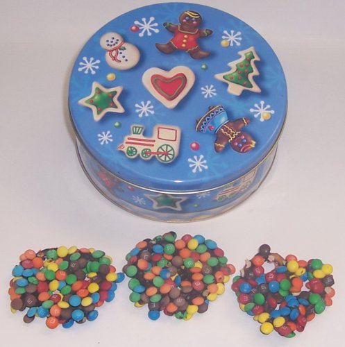 Scotts Cakes 1 lb. Dark Chocolate Covered Pretzel with M & Ms in a Christmas Cookie Tin