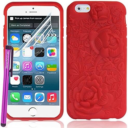 BeeShine Retail Package Stylish 3D Rose Flower Pattern iPhone 6 Soft Rubber Flexible Skin Silicone Case Cover For iPhone 6 4.7 inch + Screen Protector & Touch Stylus Pen (Red)
