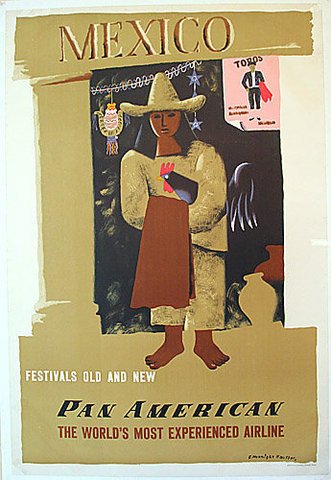 1940's Art Deco Mexico Mexican Pan American Pan Am Airlines Original Vintage Antique Advertising Travel Poster by Artist E. Mcknight Kauffer