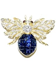 18K Yellow Gold Blue Sapphire Bee Brooch/Pin Diamond Jewelry [I_028]