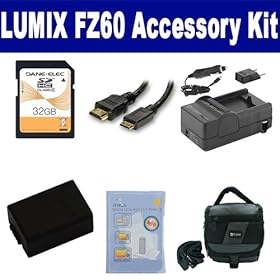 Panasonic Lumix FZ60 Digital Camera Accessory Kit includes: SDDMWBMB9 Battery, SDM-1532 Charger, SD32GB Memory Card, SDC-27 Case, HDMI3FM AV & HDMI Cable, ZELCKSG Care & Cleaning