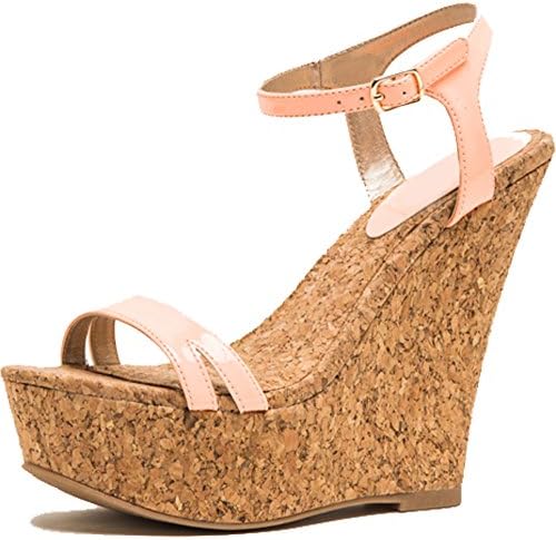 Fast Fashion Shoes Patent Leather Cork Wedge Sandals (7 B(M) US, Peach)