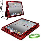 Red Zebra iPad Skin Cover Case Stand with Screen Flap and Sleep Function for all Models of Apple iPad 2 ( 2nd Generation, wifi , + AT&T 3G , 16 GB , 32GB , MC770LL/A , MC980LL/A , MC916LL/A, ect.. ) + Compatible iPad earbud Earphones with Microphone and Noise reduction + Live * Laugh * Love Vangoddy Trademarked Wrist Band!!!