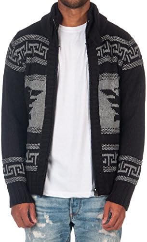 American Stitch Patch Sleeve Zip Down Aztec Cardigan Black L