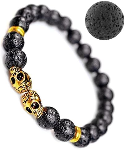 Men's Handmade AUTHENTIC Lava Rock Gold double Skull Tibet Prayer Bead Bracelet