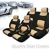New 13 pieces Universal Synthetic Leather Car Seat Covers Set with 40/60, 50/50 Split Feature Rear Covers, Steering Wheel cover and Seat Belt Covers -Black and Tan