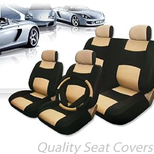 New 13 pieces Universal Synthetic Leather Car Seat Covers Set with 40/60, 50/50 Split Feature Rear Covers, Steering Wheel cover and Seat Belt Covers -Black and Tan