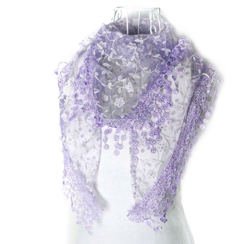 Suppion Fashion Lace Tassel Sheer Burntout Floral Print Triangle Mantilla Scarf Shawl (Purple)