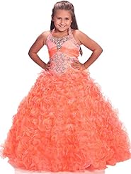 Girls Halter Pleated Crystals Crystal Beaded Lace   Organza  Ball Gown Pageant Dress  With Ruffles
