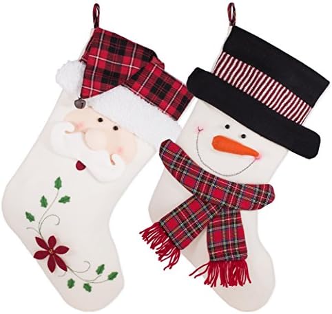Santa Claus and Snowman Plaid Fabric 21 inch Christmas Stockings Set of 2