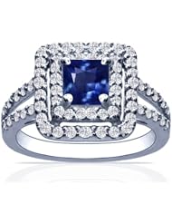 14K White Gold Princess Cut Blue Sapphire Ring With Sidestones
