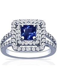 18K White Gold Princess Cut Blue Sapphire Ring With Sidestones