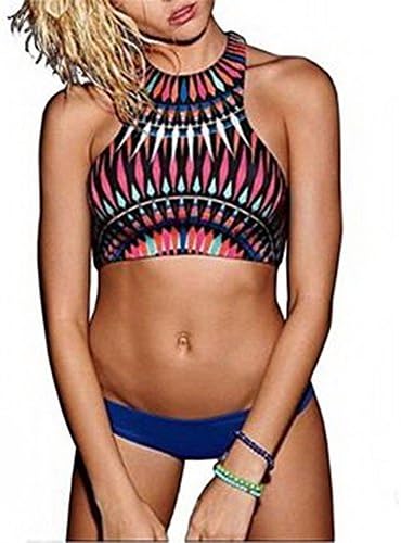 Geritu Girl Women Halter Top Tropical Geometric Pattern Swimwear Bikini Set Blue XL