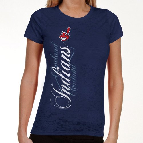 Cleveland Indians Ladies Navy Blue Basic Sheer Burnout Premium Crew T-shirt (Medium)