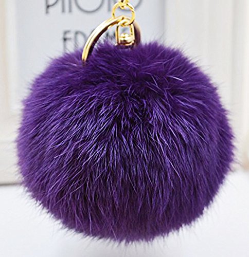 Minigianni Rabbit Fur Ball Pom Pom Keychain Gold Plated Keychain for Handbag Wallet Purse Car Key (Purple)