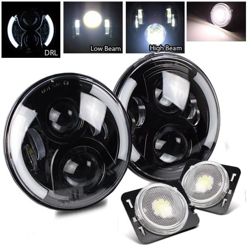 7 Inch Round CREE Black LED Projector Headlight and Hi-Power 5W COB SMD Side Marker(Chrome White) for Jeep JK TJ LJ CJ