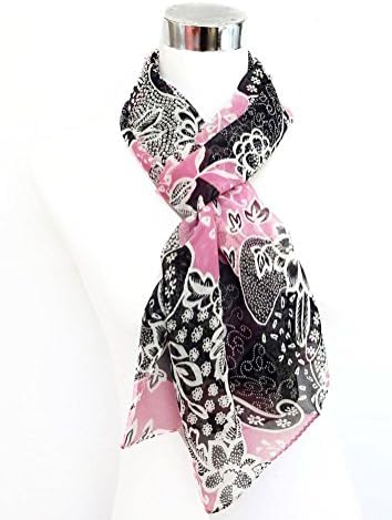 Georgette Pink/Black/White Flower Print - 100% Silk Long Scarf 21" x 66"