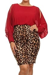 Plus Size Sexy Cocktail Long Sleeves Animal Print Leopard Print Sheer Fitted Cutout Polyester High-Neck  Dress