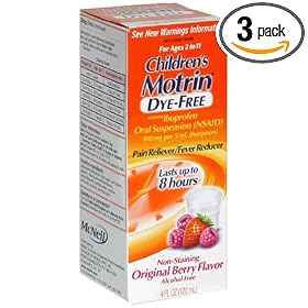 Motrin Children's Pain Reliever/Fever Reducer (for Ages 2 to 11), Oral Suspension, Dye Free, Original Berry Flavor, 4-Ounce Bottles (Pack of 3)