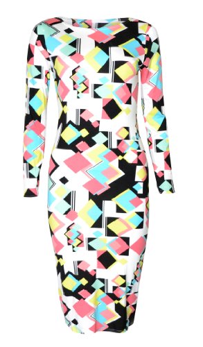 Vip Women's Long Sleeved Geometric Retro Square Print Midi Dress