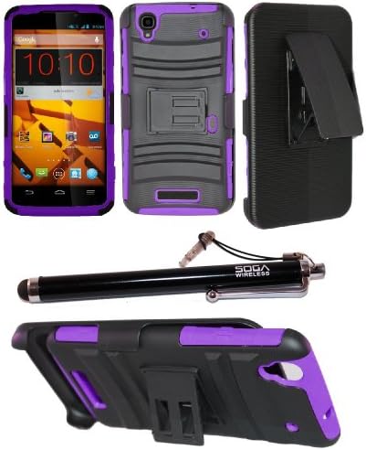 2-in-1 Bundle Combo SOGA® Hybrid Dual Layer Combat Heavy Duty Armor Case Cover With Belt Clip Holster Kickstand for ZTE Boost Max N9520 and SogaWireless Stylus Pen - Black / Purple [SWE365]