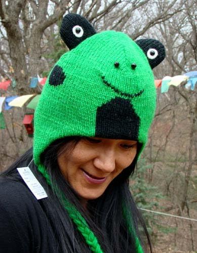 Lungta Frog 100% Wool Pilot Ski Animal Cap / Hat With Fleece Lined Pom Pom