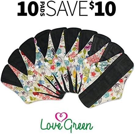 Love Green Bamboo Reusable Sanitary Pads with Charcoal Absorbency Layer. For Normal/HeavyFlow (10) Cloth Menstrual Pads