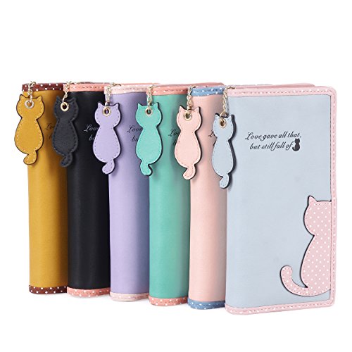 Damara Cute Dot Cat Printing Long Purse Soft Leather Bifold Zippered Wallet