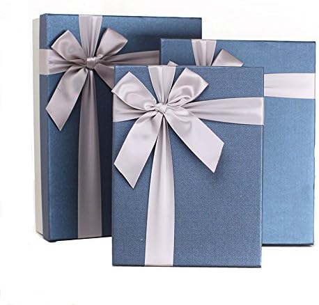 Paper Story-Premier 3 Pieces Nested Gift Box Set. With Dedicate Ribbon Bow. 13.5/12/10-Inch. (Navy Blue)