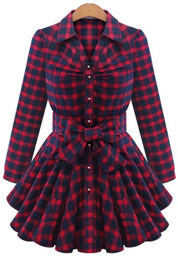 (イイネショップ) eeNeshop フレア リボン チェック シャツ ワンピース