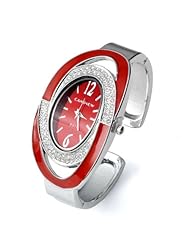 Jovivi Womens Silver-tone Crystal Oval Quartz Wrist Watch,Cuff Bangle Bracelet - Red