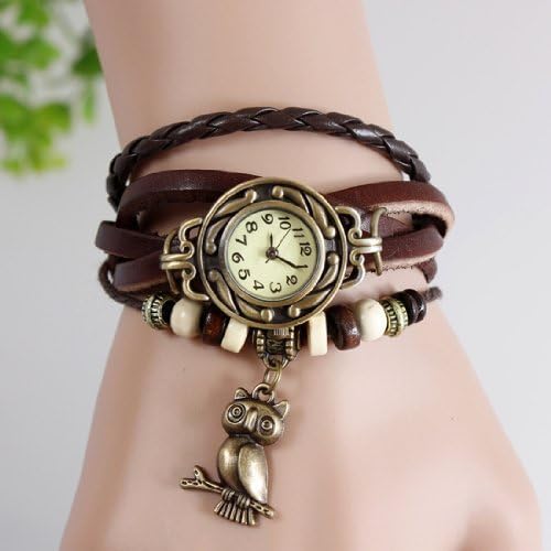 FuzzyGreen® Brown Color Women Ladies Owl Pendant Cute Weave Leather Belt Vintage Bracelet Watch +a pair of hair clips