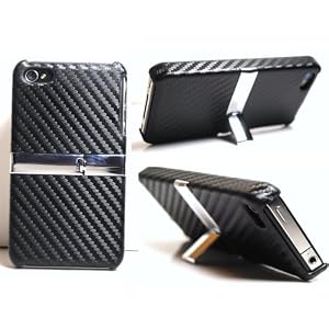 New Black Carbon Fiber Leather Weave with Metallic Kick Stand for Apple Iphone 4 Gen / 4th Generation / 4G Snap on Design Cell Phone Case + Screen Protector + Microfiber Bag