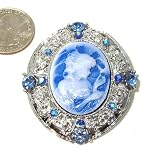 Blue Austrian Rhinestone Lady Maiden Cameo Silver-Plated Brooch Pin