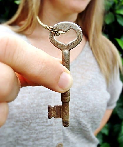 Heart Skeleton Key Necklace - 24" or 36" - Antiqued Brass or Gunmetal Steel Chain - Repurposed - Authentic
