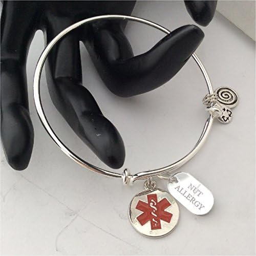 Medical Alert Bangle, NUT ALLERGY Charm,silver Wire Bangle Bracelet Emergency Warning