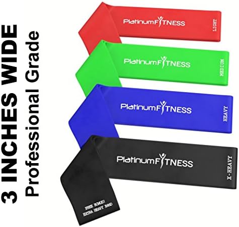 Exercise Loop Bands, Set of 4 includes FREE EXTRA-HEAVY BONUS BAND (Limited Time Offer). Professional Grade 3" WIDE (not 2") Stretch Bands with 4 Resistance Levels, Light, Medium, Heavy and Extra Heavy. Ideal for Physical Therapy, Rehabilitation, Cross-Fit, Yoga and Pilates. Excellent Companion to Popular Workout Programs Like Insanity Asylum, TapouT XT, P90X. Includes Platinum Fitness 100% Customer Satisfaction Guarantee and LIFETIME WARRANTY.