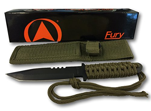 Fury Glacier Bay Black Tanto Fixed Blade Knife with Paracord Wrapped Handle and OD Nylon Sheath