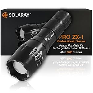 SOLARAY PRO ZX-1 Professional Series Flashlight Kit - Our Best and Brightest LED Tactical Flashlight (rechargeable) max 1200 Lumens, 5 Modes, Zoom Lens with Zoomable Focus, Water Resistant.