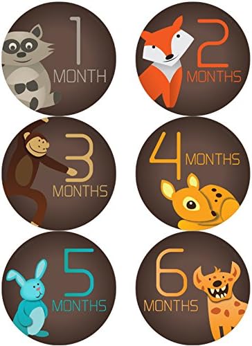 Huge sale! 12 stickers of 3.25" Baby Monthly Stickers By Stick'Nsnap(TM) Happy Animal Sticker Per Month of Your Baby's First Year Growth for Boy or Girl. For onesie - Best Shower Gift!