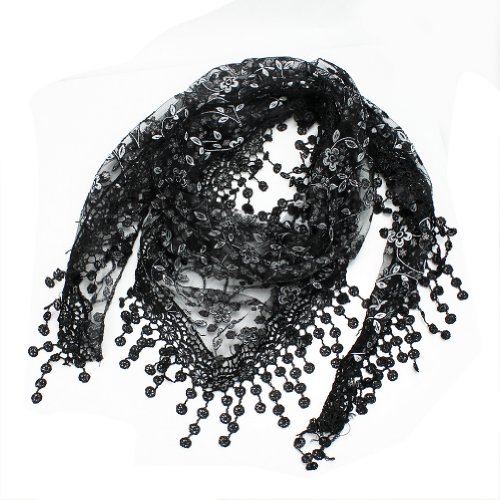 Refaxi® Fashion Women Triangle Shape Lace Sheer Floral Shawl Scarf Lightweight (black)