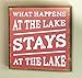 What Happens At The Lake Stays At The Lake Sign - Red - Lake House Sign - Rustic Decor - Large Solid Wood 11x11x1.5 - Makes a Great Decoration, Wall Art, or Gift in Any Beach House, Cabin, Cottage, or Lodge. Made in USA.