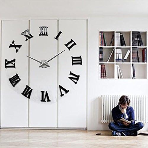 Aoklea Luxury Art Clock DIY 3D Wall Clock Roman Numerals Large Size Mirrors Surface Home Decor(Black)