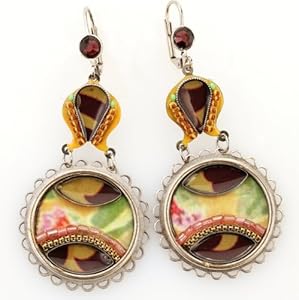 Adaya Round Dangle Earrings Created by Israeli Artist Maya Rayten with Floral Hand Painted Enamel, Alpaca, Beads and Swarovski Crystals