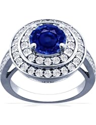 18K White Gold Round Cut Blue Sapphire Ring With Sidestones